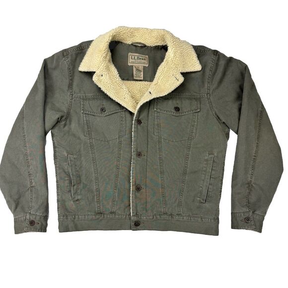 LL Bean Detroit Denim Canvas Jacket Sherpa Fleece Lined Army Y2K Trucker Small‎ - Picture 1 of 12